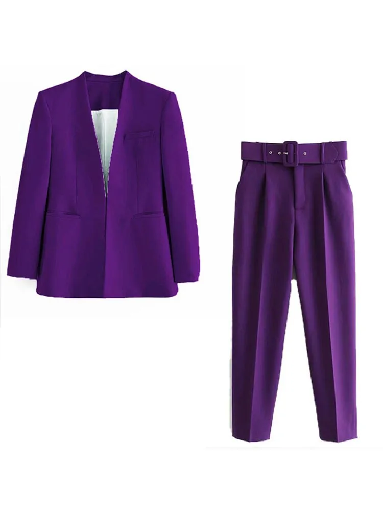 2023 Women Fashion Two Pieces Sets Office Wear Blazers Coat And With Belt High Waist Pants Female