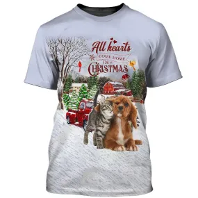 3D Dog T Shirts, All Hearts Come Home For Christmas All Over Print T-Shirt, Gift For Pet Loves
