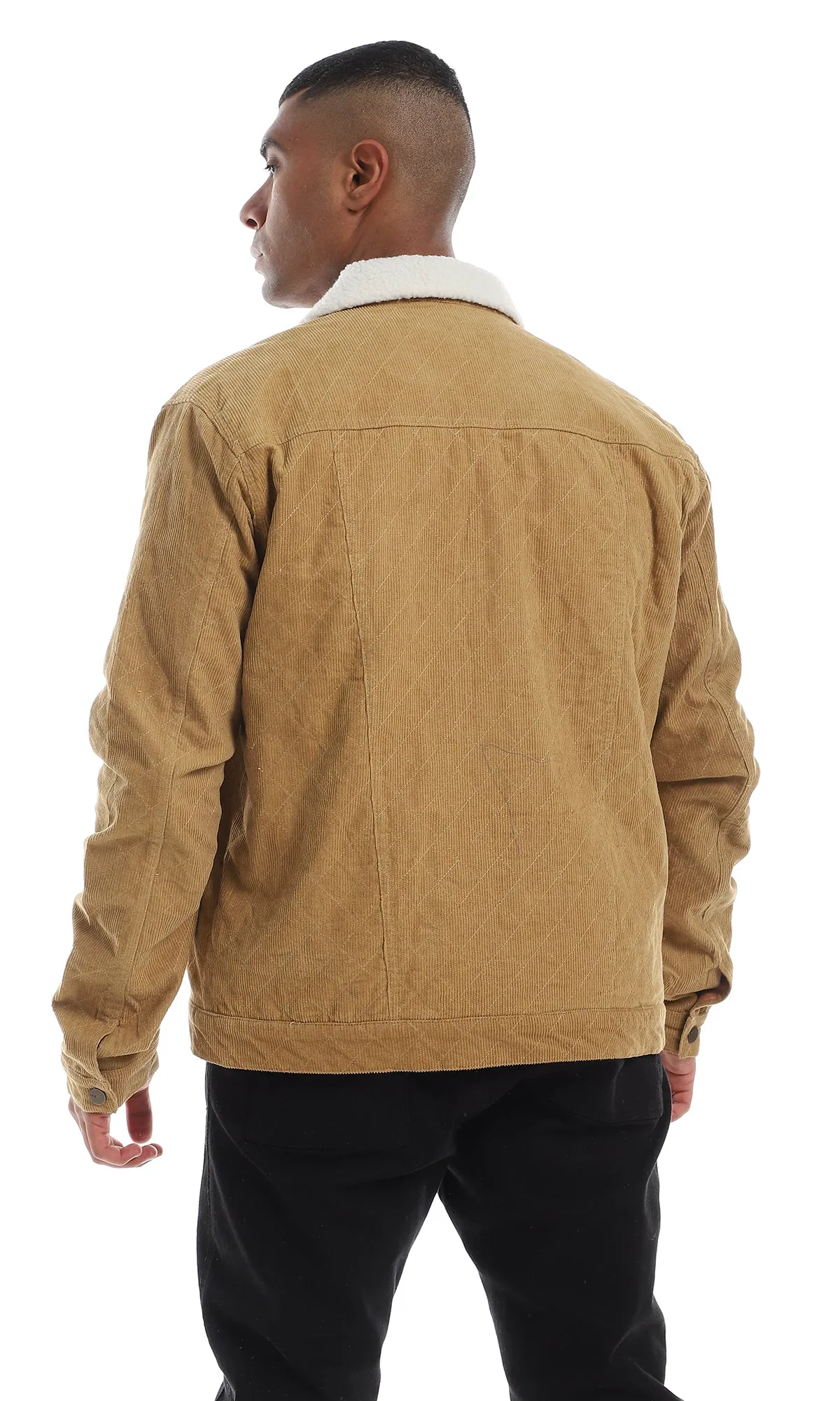 Camel Jacket with Fur Collar and Corduroy Texture - Buttoned Style