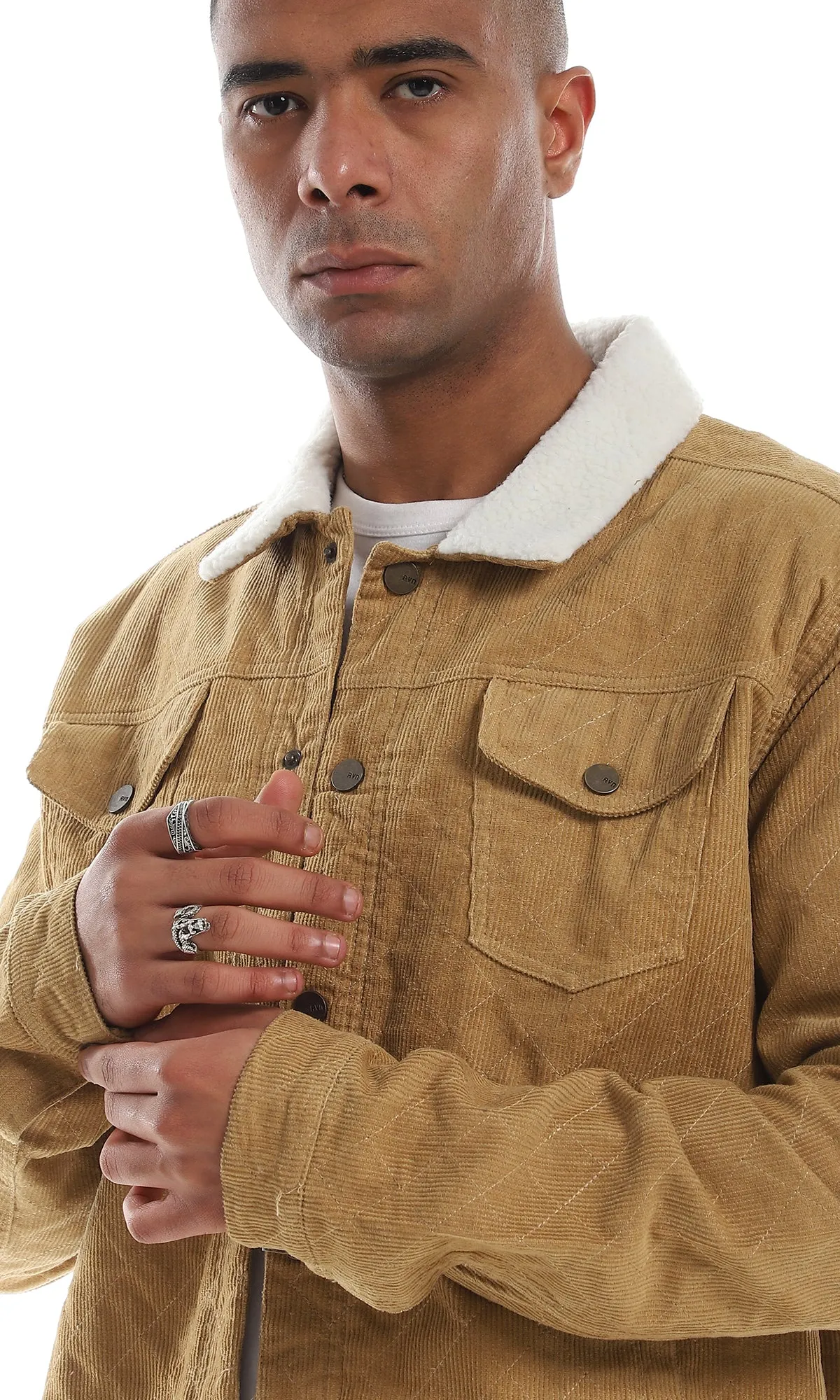 Camel Jacket with Fur Collar and Corduroy Texture - Buttoned Style