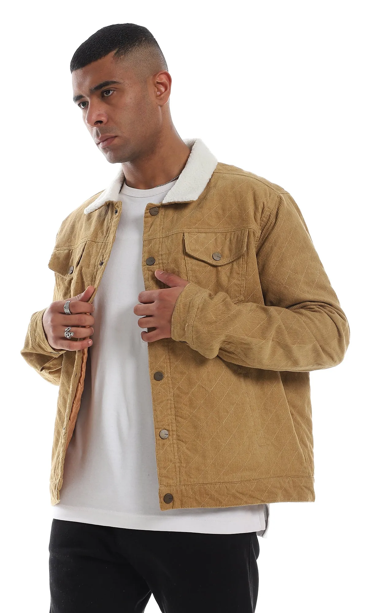 Camel Jacket with Fur Collar and Corduroy Texture - Buttoned Style