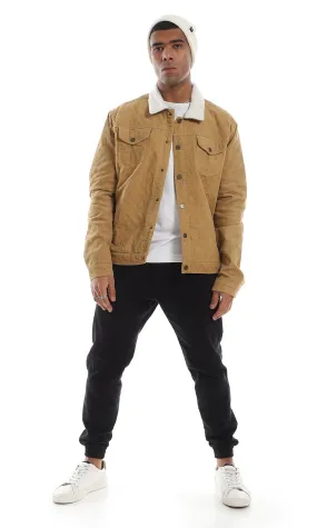 Camel Jacket with Fur Collar and Corduroy Texture - Buttoned Style