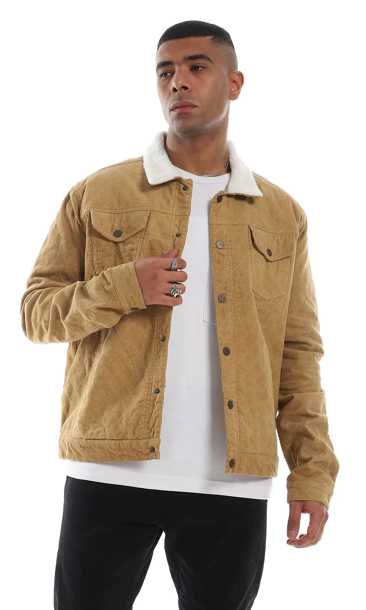 Camel Jacket with Fur Collar and Corduroy Texture - Buttoned Style