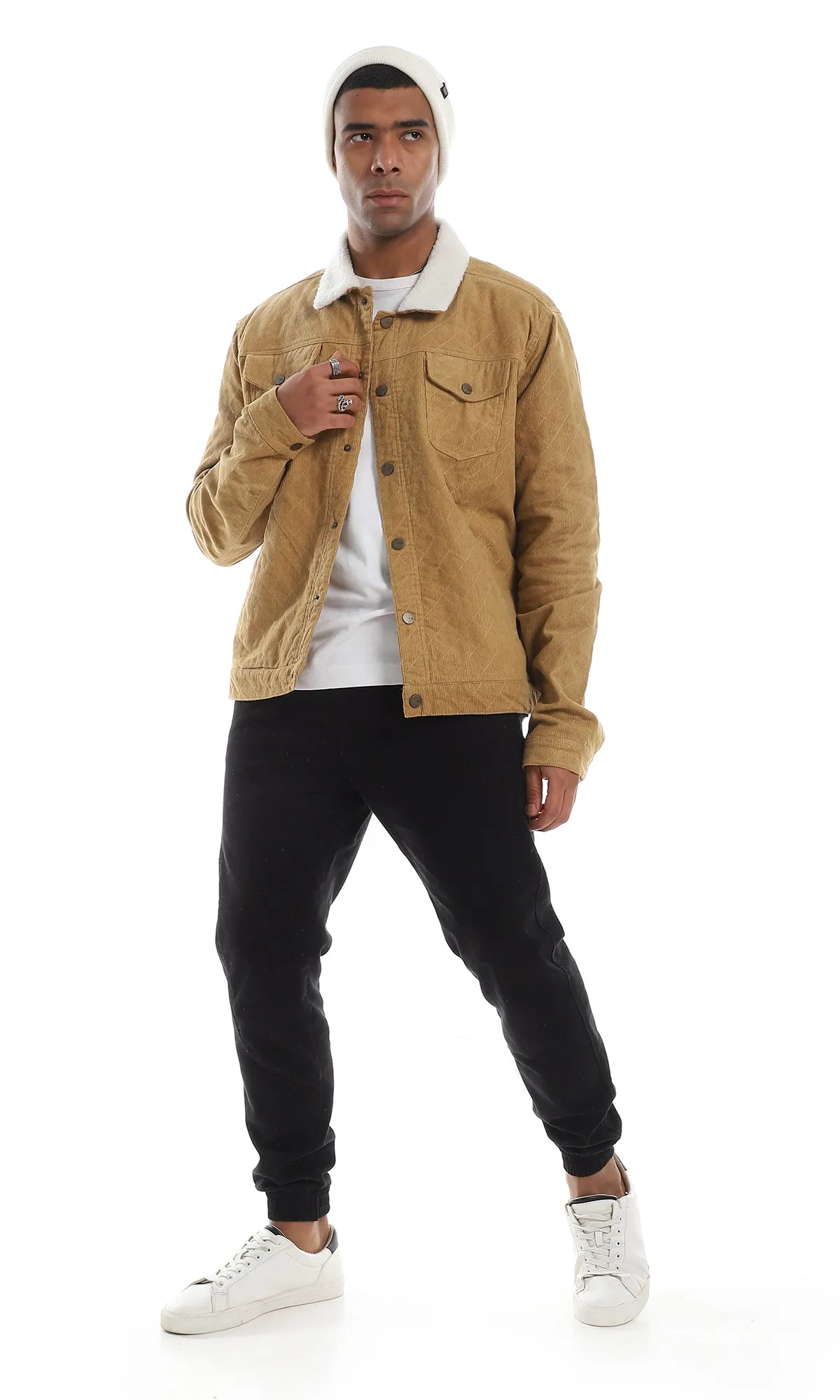 Camel Jacket with Fur Collar and Corduroy Texture - Buttoned Style