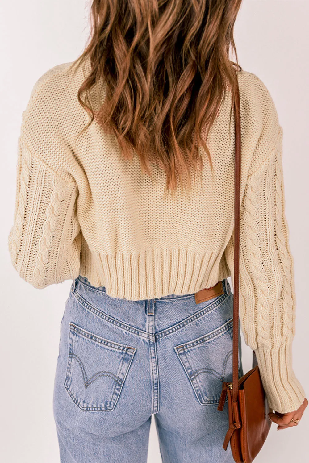 Beige 2Pcs Crop Camisole Cable Knit Cardigan
