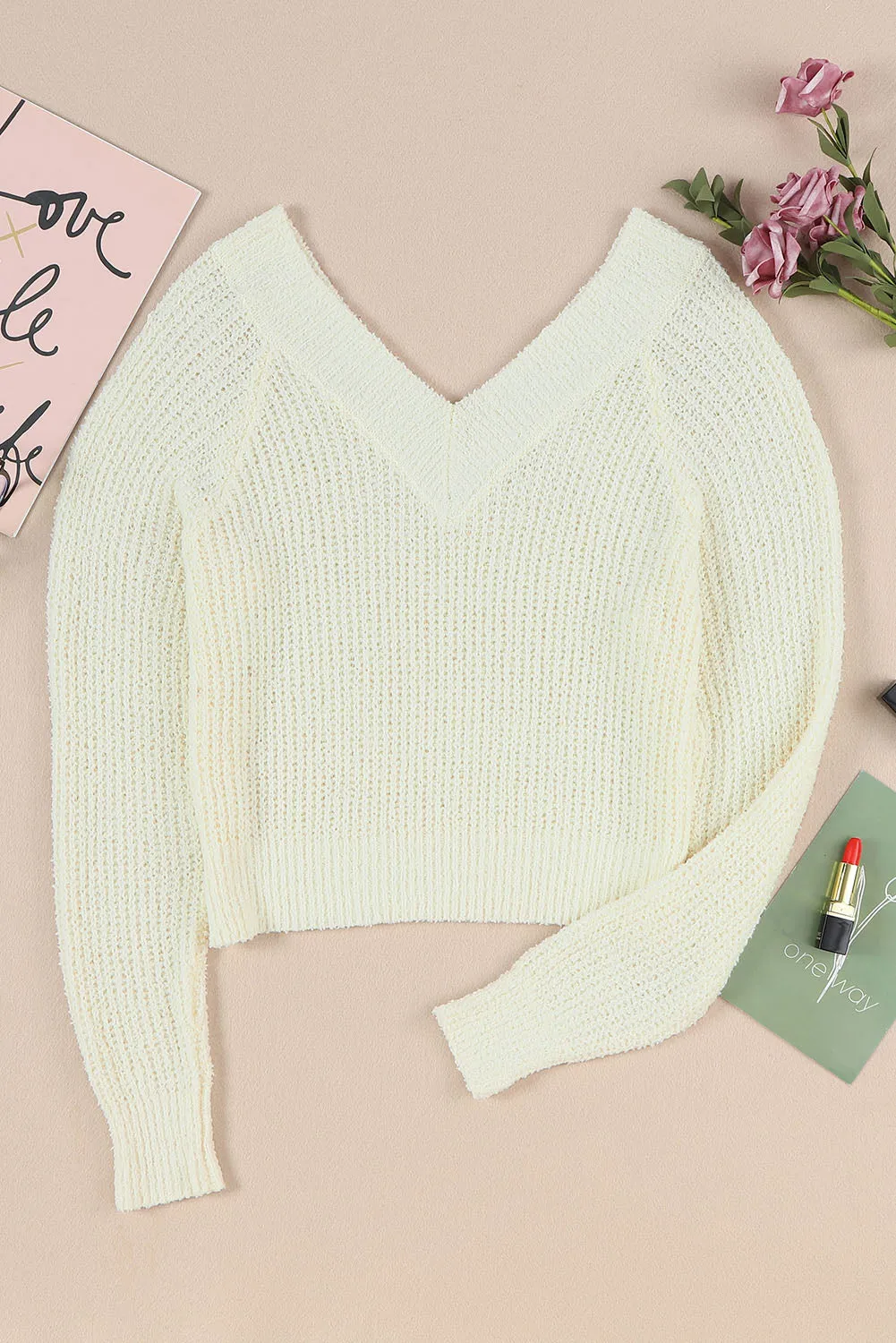 Beige Cropped V Neck Fuzzy Sweater Top