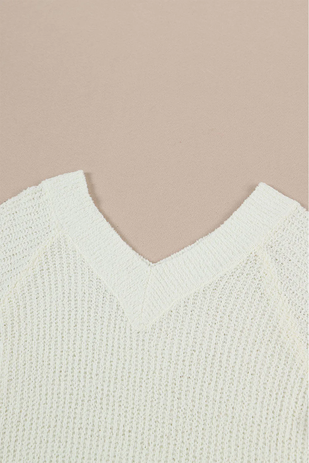 Beige Cropped V Neck Fuzzy Sweater Top