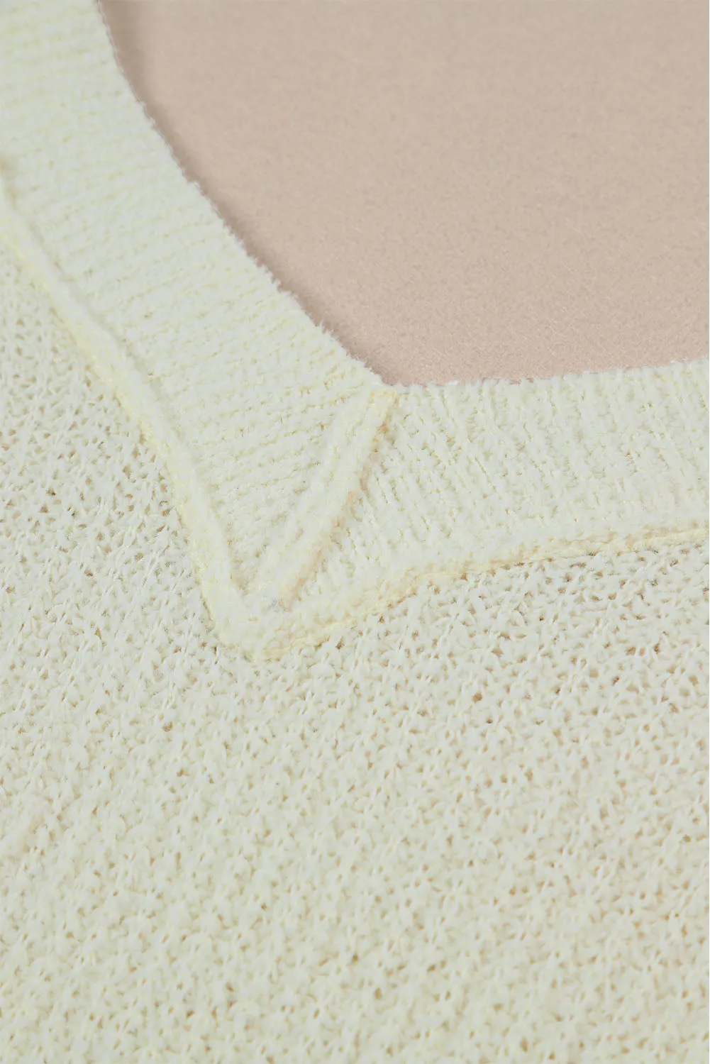 Beige Cropped V Neck Fuzzy Sweater Top