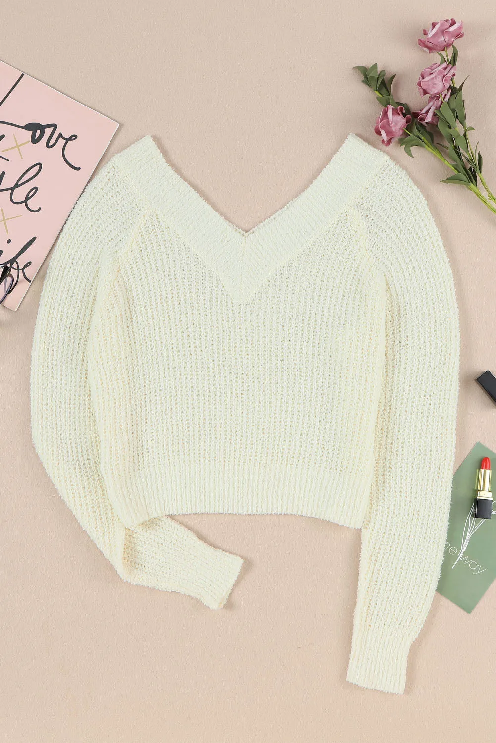 Beige Cropped V Neck Fuzzy Sweater Top