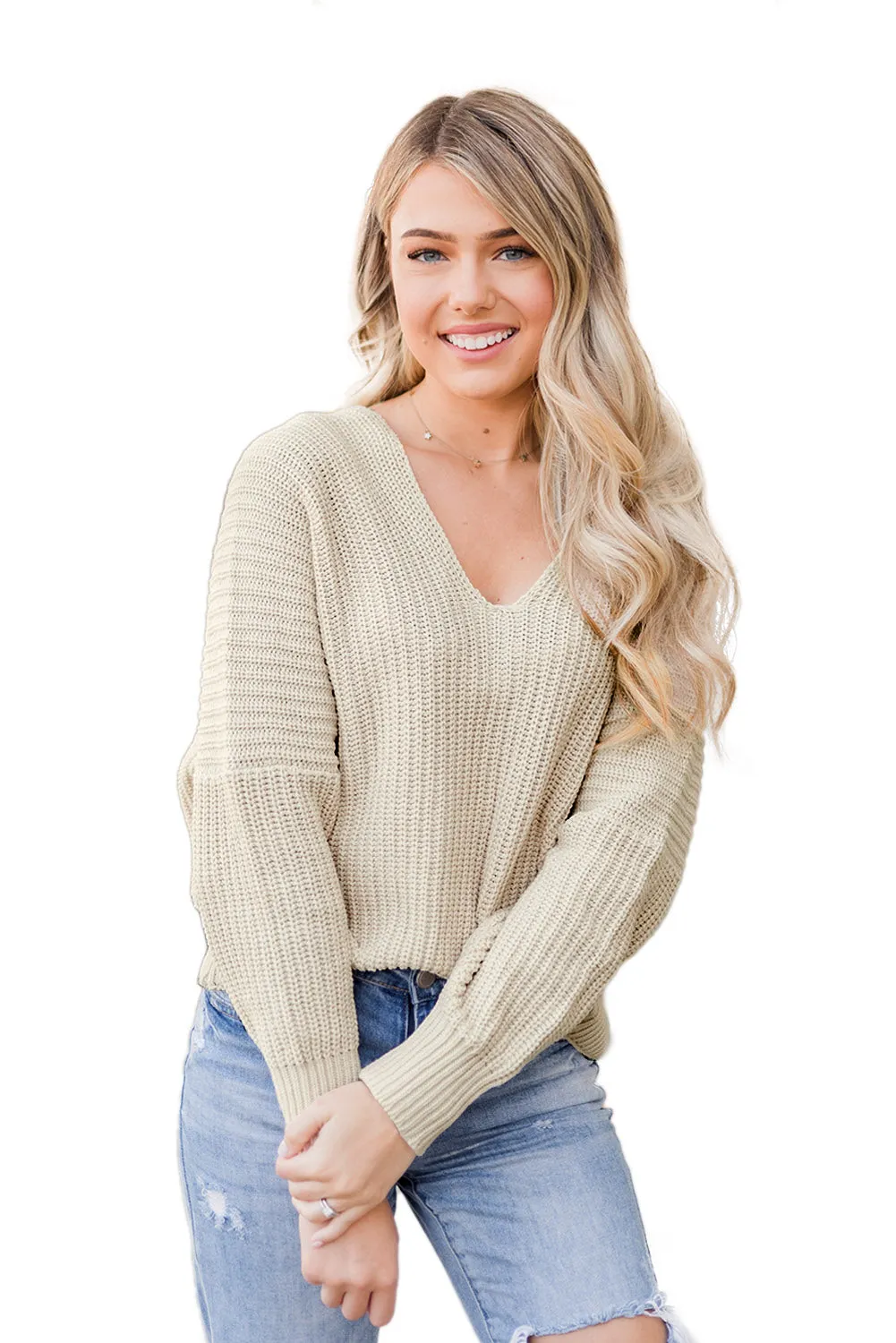 Beige V Neck Knit Pullover Sweater