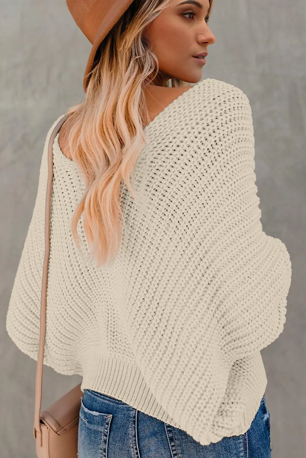 Beige V Neck Knit Pullover Sweater