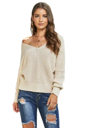 Beige V Neck Knit Pullover Sweater