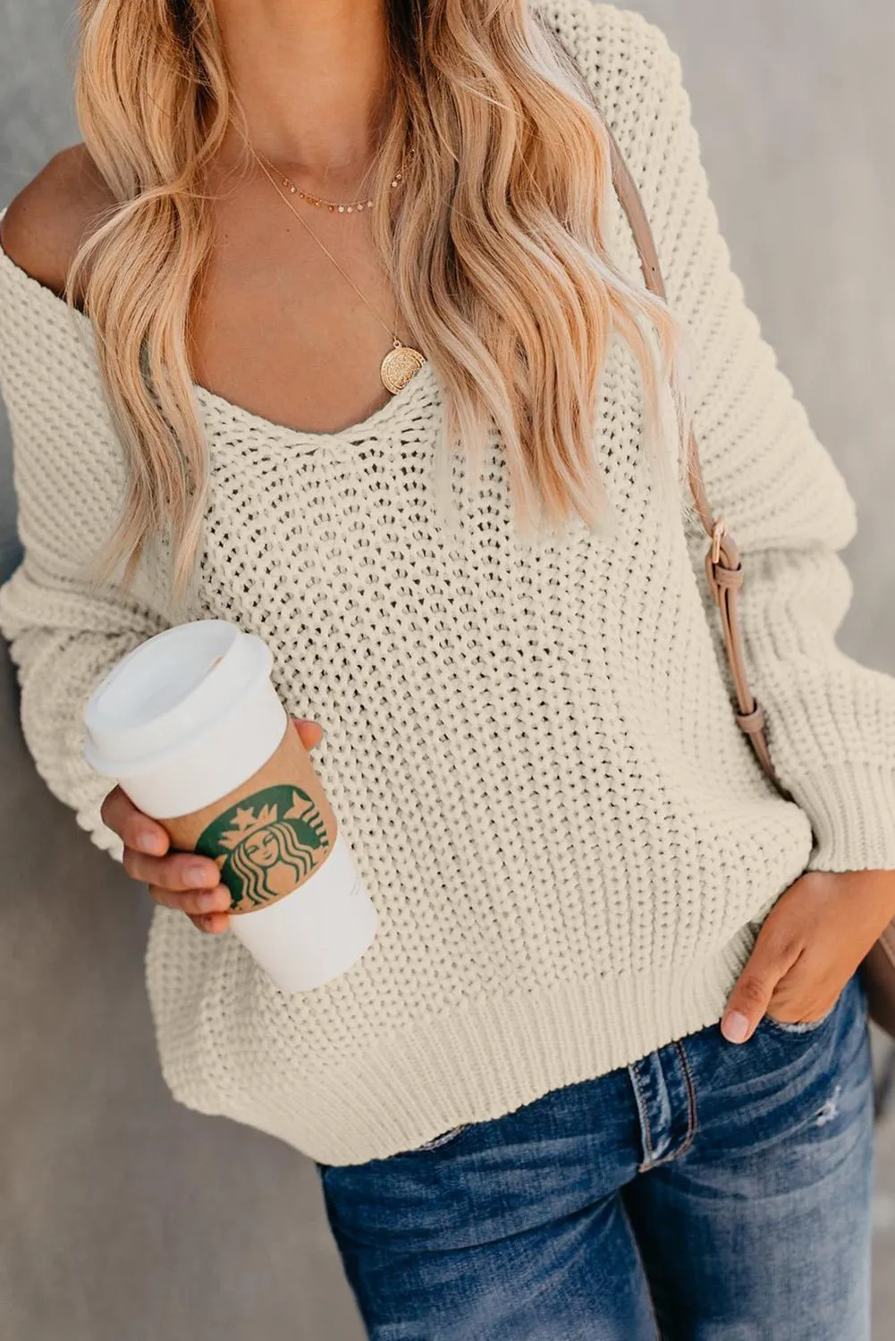 Beige V Neck Knit Pullover Sweater
