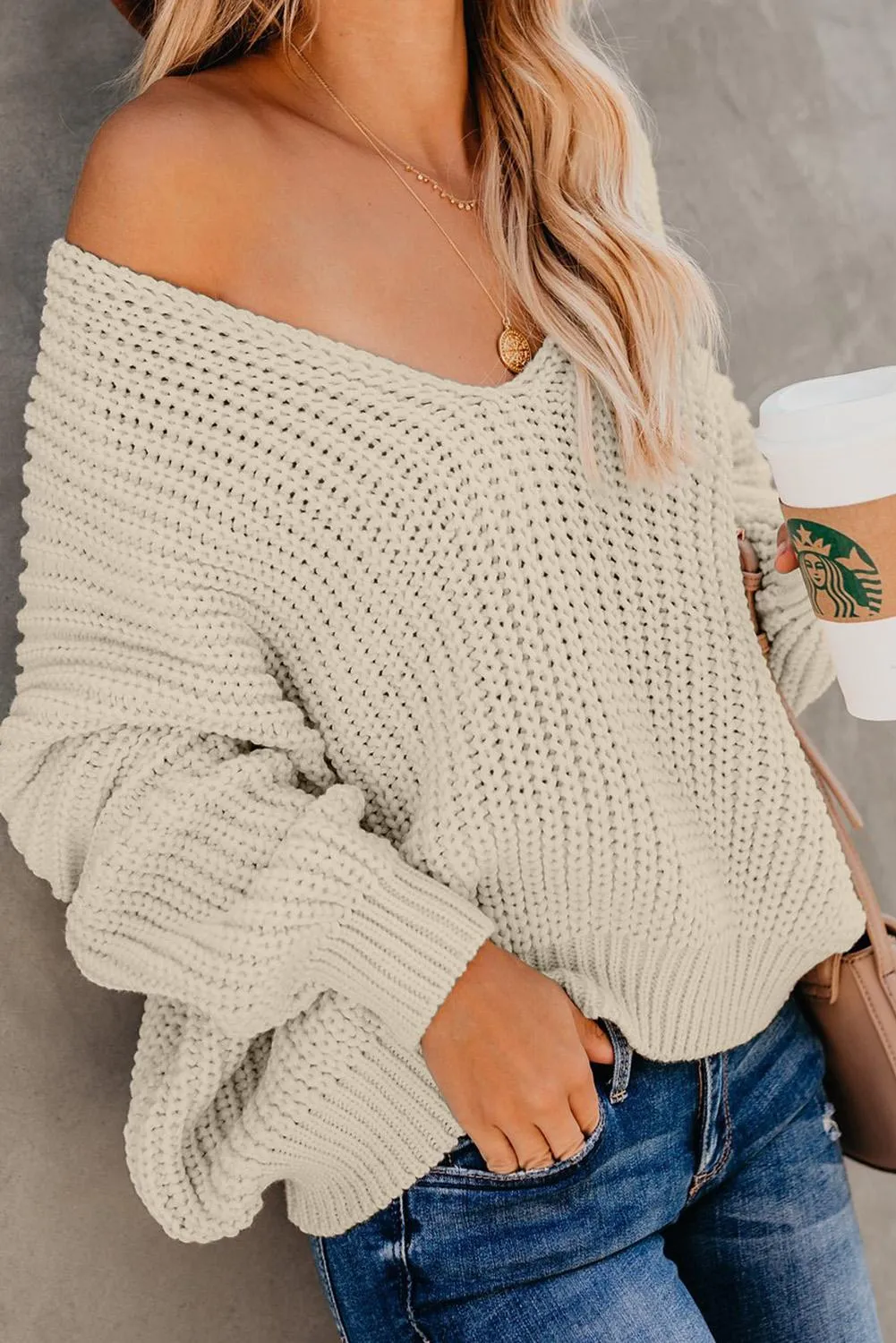 Beige V Neck Knit Pullover Sweater