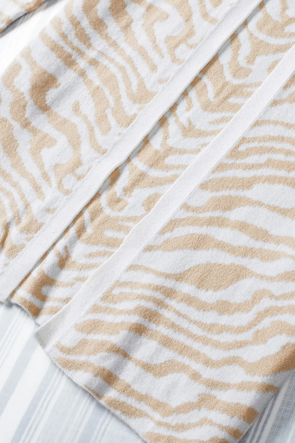 Beige Zebra Print Open Front Long Cardigan