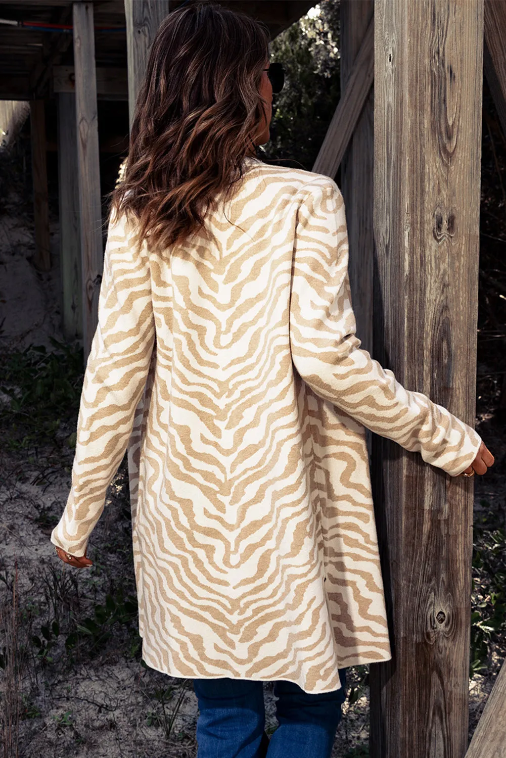 Beige Zebra Print Open Front Long Cardigan