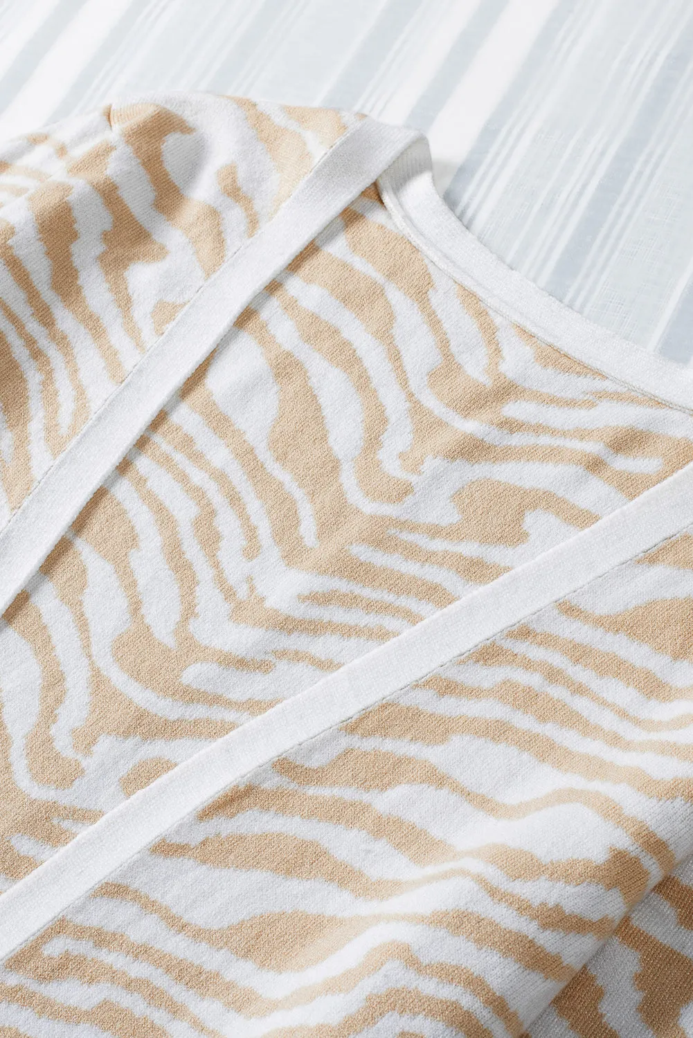 Beige Zebra Print Open Front Long Cardigan