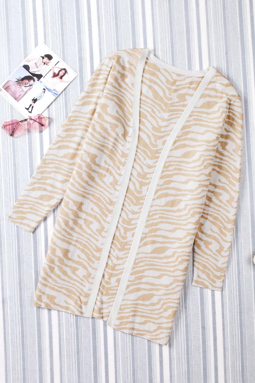 Beige Zebra Print Open Front Long Cardigan