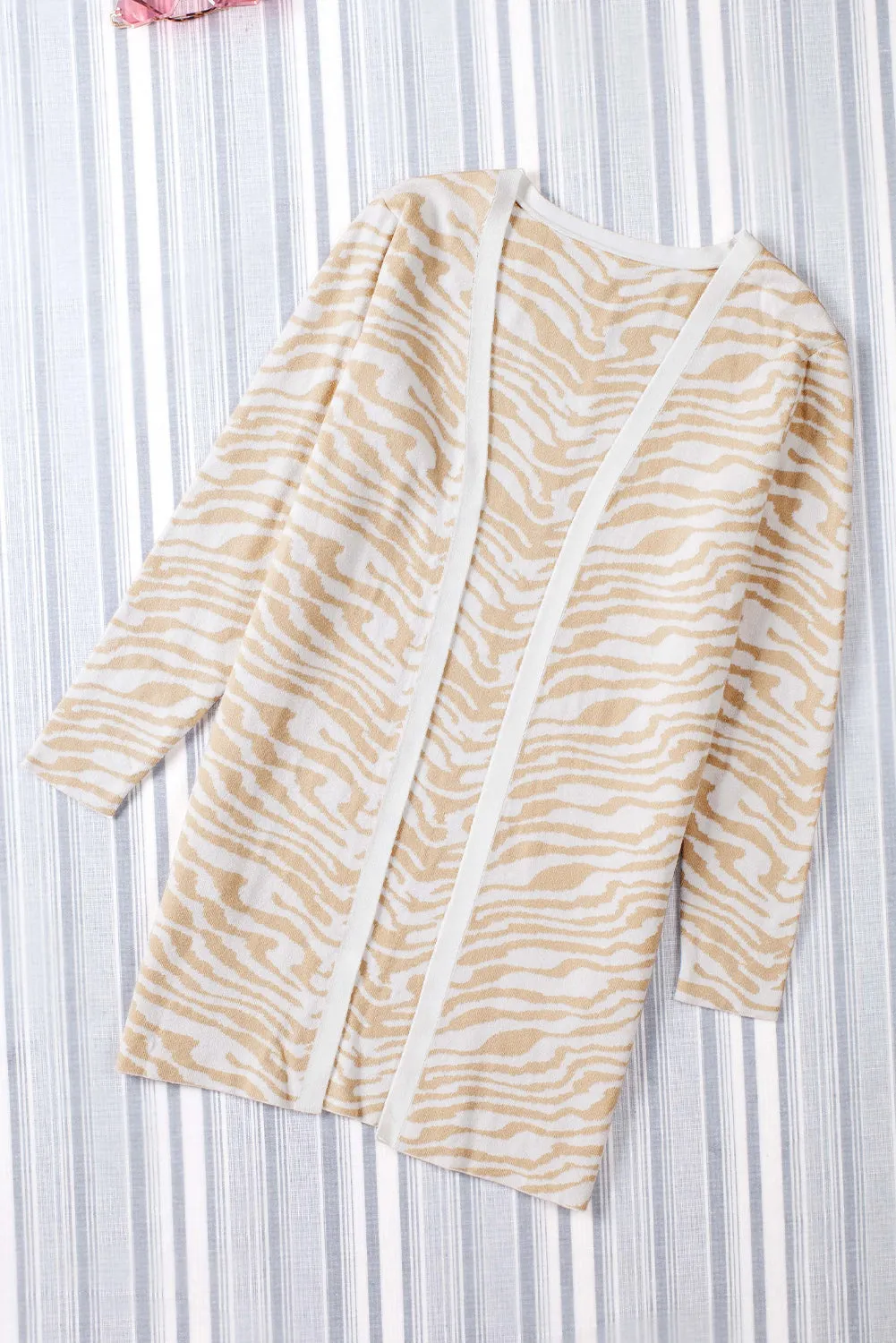 Beige Zebra Print Open Front Long Cardigan