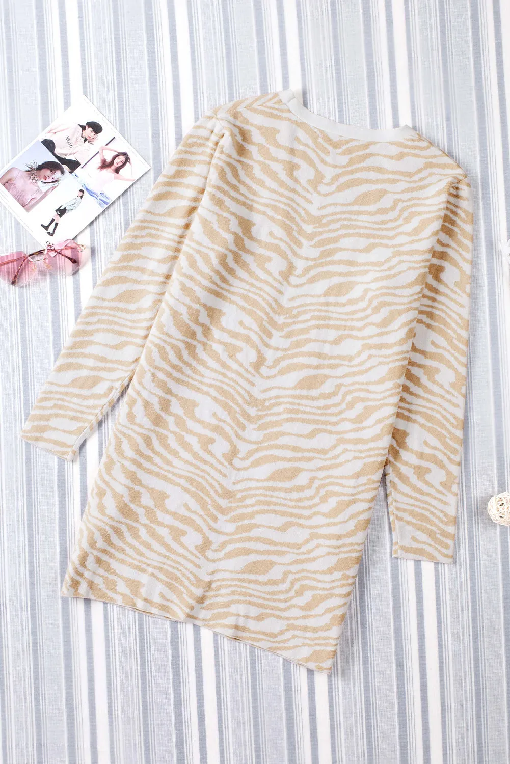 Beige Zebra Print Open Front Long Cardigan