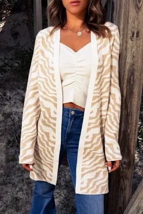 Beige Zebra Print Open Front Long Cardigan