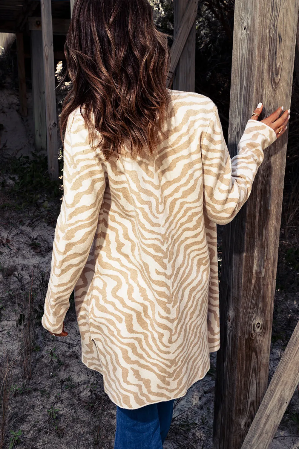 Beige Zebra Print Open Front Long Cardigan