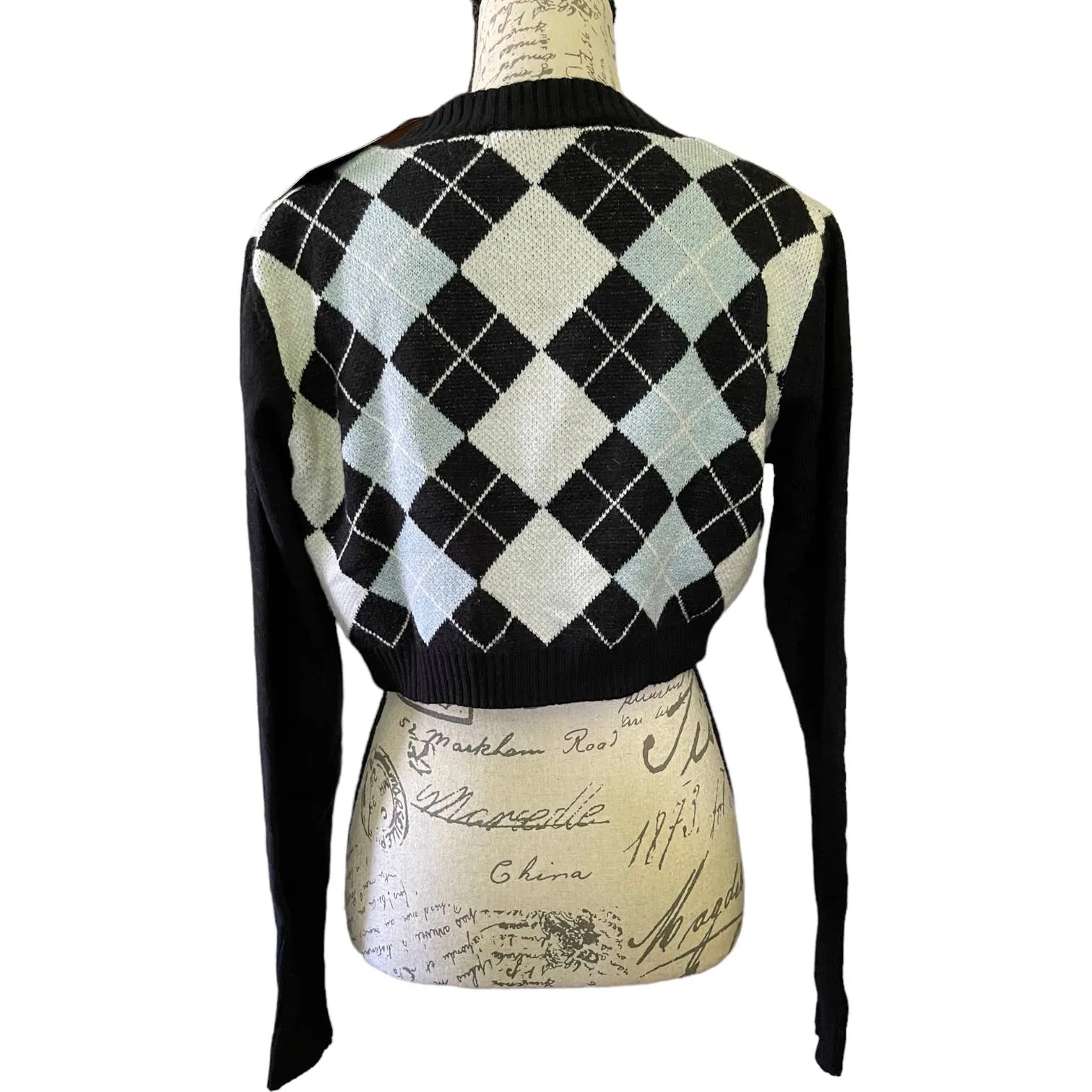 Black Argyle Print Knit Long Sleeve Sweater One Size NEW