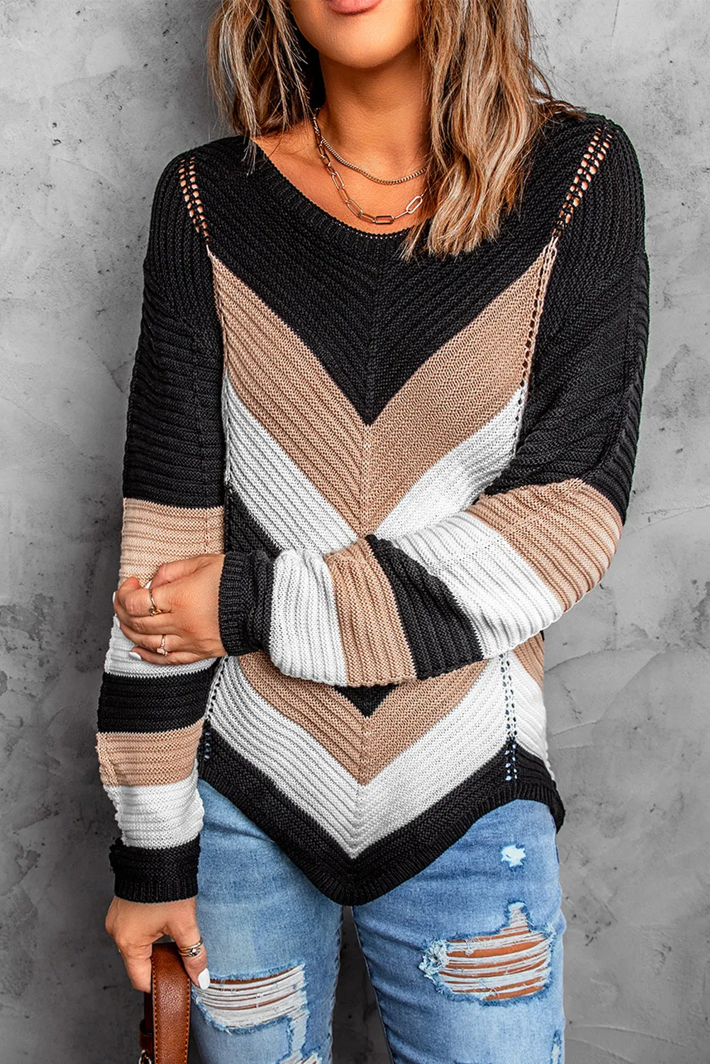 Black Color Block Chevron Knit Sweater