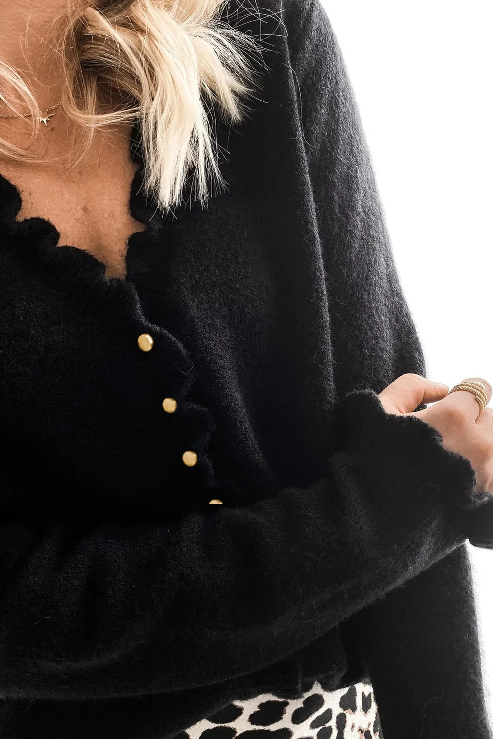 Black Frilled V Neckline Buttons Sweater