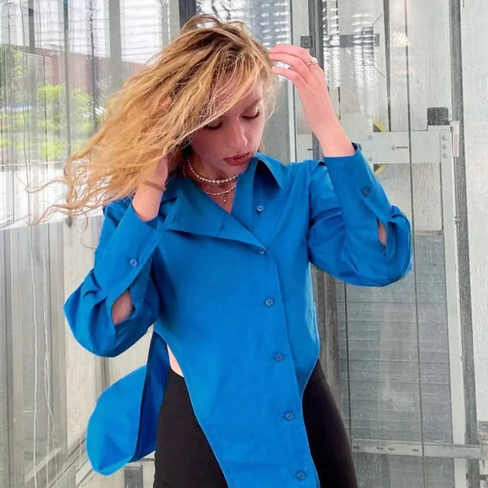 Blue Streetwear Asymmetrical Blouse
