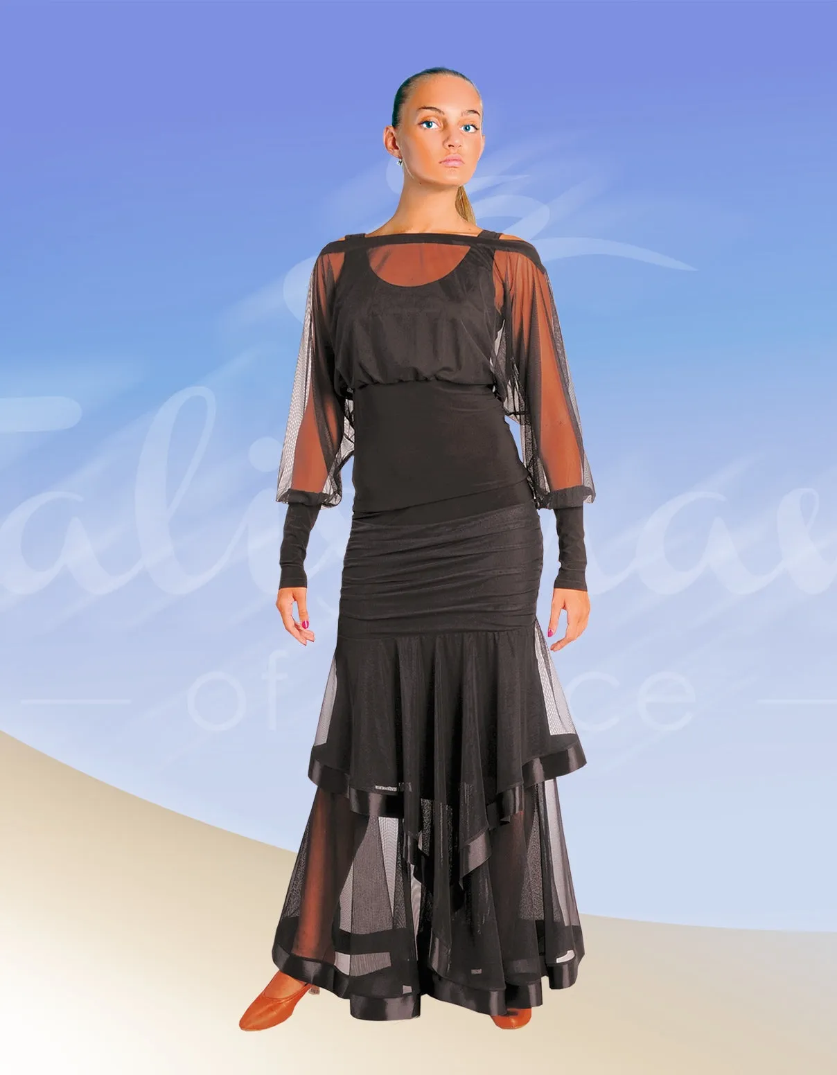 Light and airy skirt with wedges and frill out of stretch mesh, long black skirt for dancing, maxi skirt