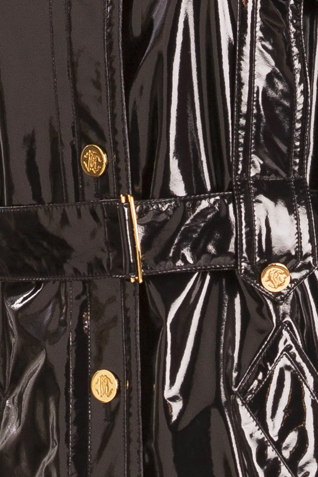 Roberto Cavalli - Black Patent Long Sleeve Coat with Tie Waist - IT 42