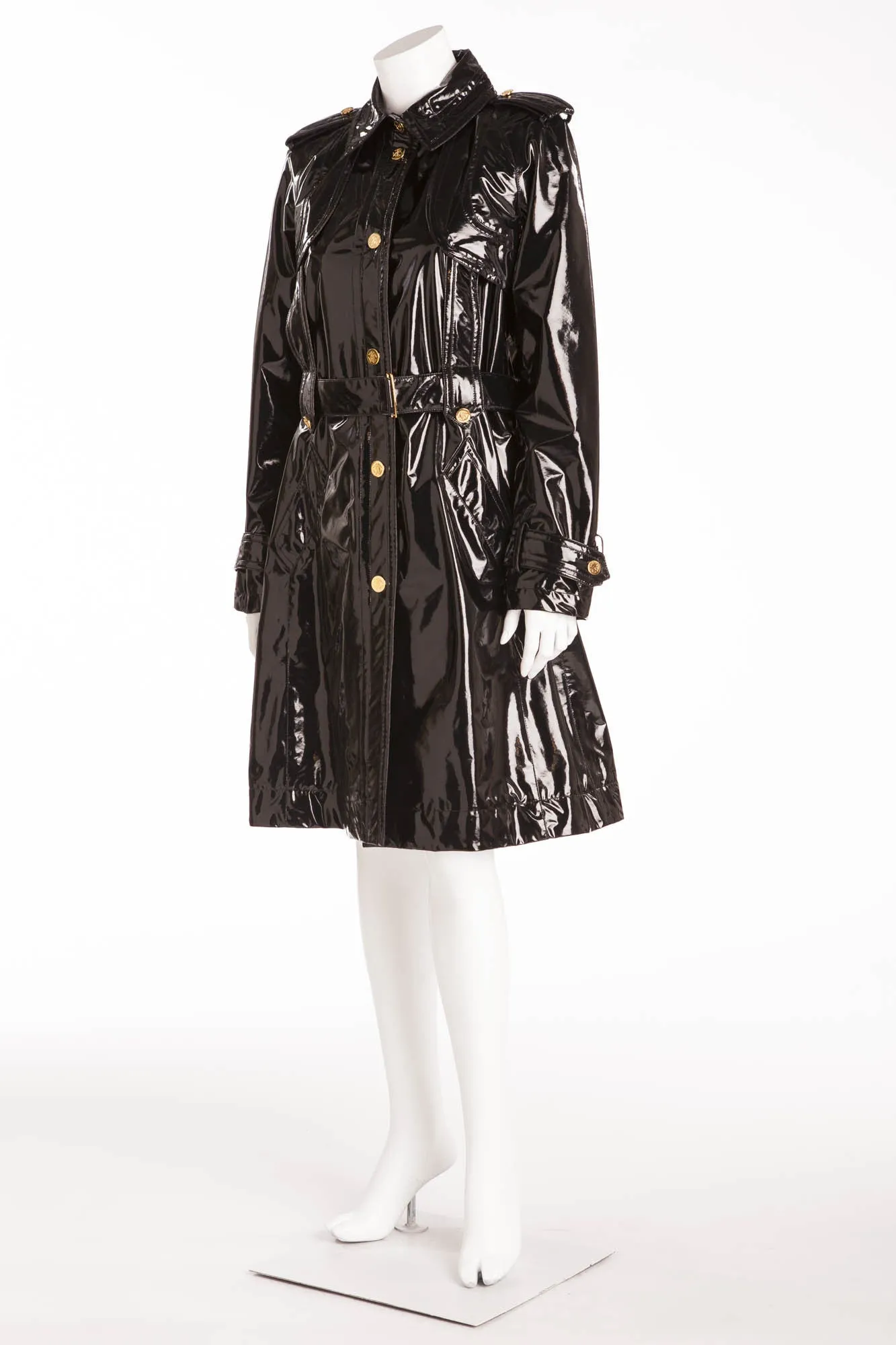 Roberto Cavalli - Black Patent Long Sleeve Coat with Tie Waist - IT 42