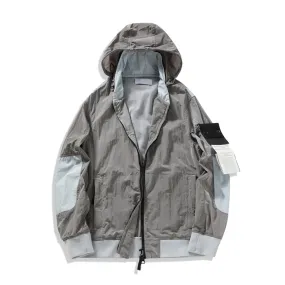 Spring Summer Thin Metal Nylon Hood Men's Jacket Hidden Cap Special Reflective Fabric Mosaic Coat