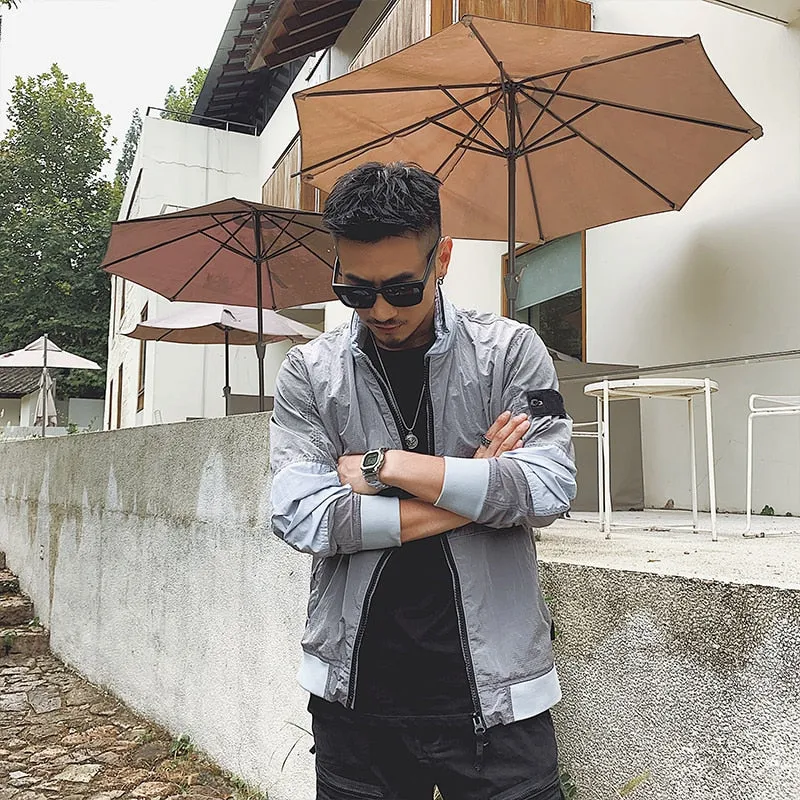 Spring Summer Thin Metal Nylon Hood Men's Jacket Hidden Cap Special Reflective Fabric Mosaic Coat