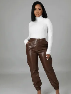 VEGAN LEATHER CARGO JOGGERS -  COFFEE